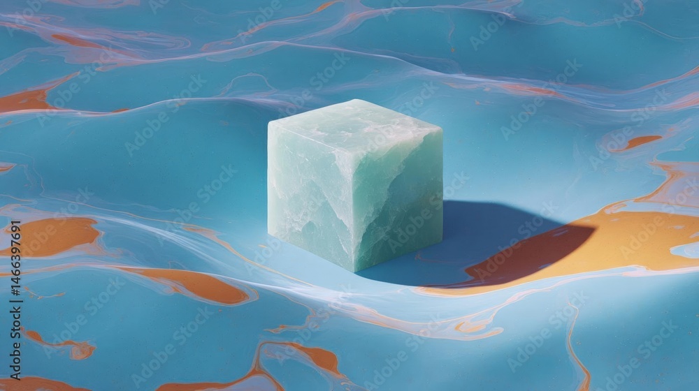 Poster abstract digital art piece that features a cube in the center. the cube is made up of different shad