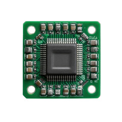 An integrated circuit chip on a green circuit board displays its intricate design and electrical components, showcasing technology's complexity on a white surface.