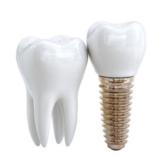 A pristine white tooth stands beside a dental implant, showcasing modern dentistry and restorative oral care on an isolated white background providing a clean view.