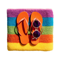 Bright orange flip flops and round sunglasses rest on a colorful striped beach towel in preparation for a relaxing day in the sun du summer vacation.