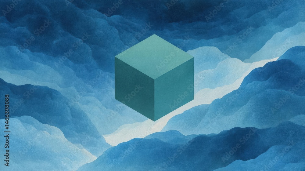 Poster illustration of a cube in the middle of a mountainous landscape. the cube is a light green color and