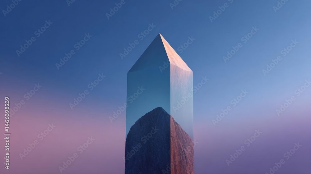 Poster digital illustration of a tall, triangular structure with a blue and pink gradient background. the s