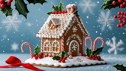 ChatGPT сказал:
A festive gingerbread house surrounded by a cozy Christmas scene, with twinkling lights and snow-covered surroundings, perfect for a holiday greeting card.