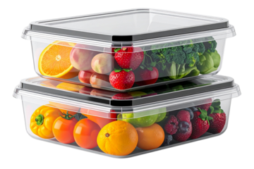 Two Fninised transparent plastic food storage boxes with lid stack up to form tower, fruits and vegetables inside , hyper realistic photography, transparent background