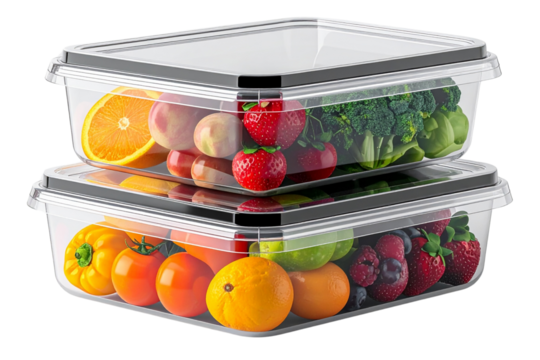 Two Fninised transparent plastic food storage boxes with lid stack up to form tower, fruits and vegetables inside , hyper realistic photography, transparent background
