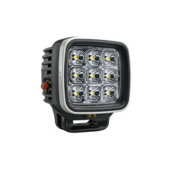 A square LED work light with nine powerful bulbs is mounted on a black bracket, featu a white bezel and heat sink fins for efficient cooling system use.