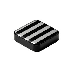 An elevated view showcases a small square black container with alternating silver and black stripes on its shiny lid, set against a bright white background, studio shot.