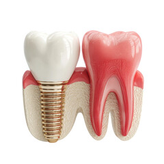 A dental implant stands adjacent to a natural tooth demonstrating the difference in structure on a white background highlighting dental health and oral hygiene.