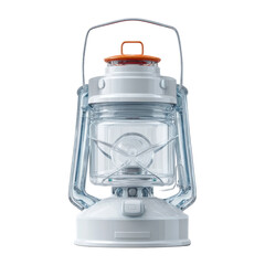 An illuminated white lantern with a clear glass case and orange cap is centered on a white background and ready for use in the dark outdoors somewhere cool.