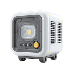 Fototapeta premium A portable, cube-shaped spotlight with integrated controls sits on a white surface, featu a bright LED lamp and a clean, minimalist design aesthetic showing vents.