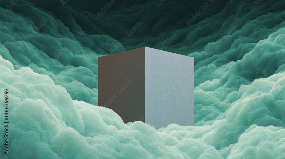 Poster abstract digital art piece that appears to be a 3d rendering of a cube in the middle of a mountainou