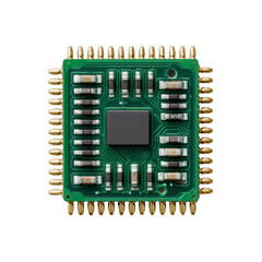 A detailed studio shot showcases a green square circuit board with electronic components and gold pins against a clean white background in high resolution.