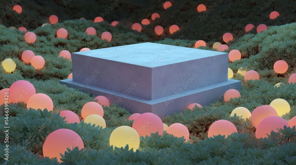 Poster square-shaped concrete structure in the middle of a garden. the structure appears to be a pedestal o