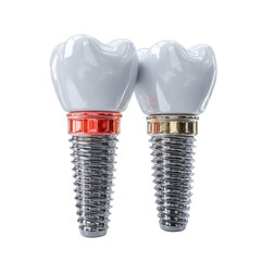 Two dental implants with white crowns, one accented with red and the other with gold, stand against a clean, bright white background in a studio setting.