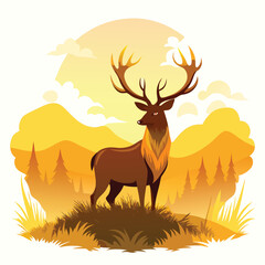 Capture the serene beauty of a majestic stag with large antlers standing in a misty, golden field 