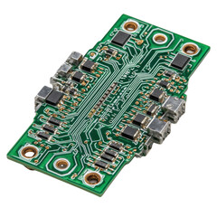 A detailed view of a green circuit board with intricate electronic components and visible traces isolated against a plain white background in a studio shot.