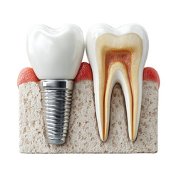 A dental implant is showcased alongside a natural tooth cross section, highlighting the structure within the gums and bone for educational purposes on white background.