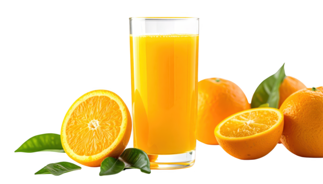 Invigorating glass of freshly squeezed orange juice with ripe oranges and lush green leaves