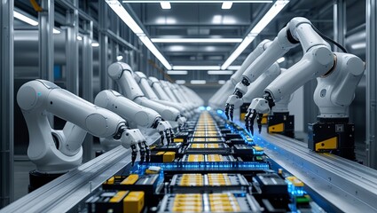 In a contemporary factory setting, white industrial robotic arms operate along an automated production line, assembling lithium-ion battery packs essential for electric vehicle manufacturing.








