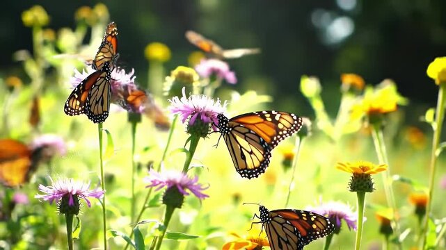 Monarch Butterflies Gathering on Wildflowers in a Lush Green Meadow on a Sunny Day