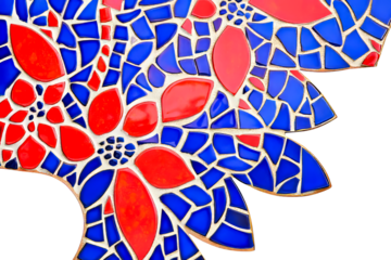 Floral mosaic with red and blue tiles, cut out transparent