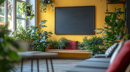 Interior of a cozy room with a black chalkboard, yellow wall, potted plants, wooden bench, gray couch, and wood flooring