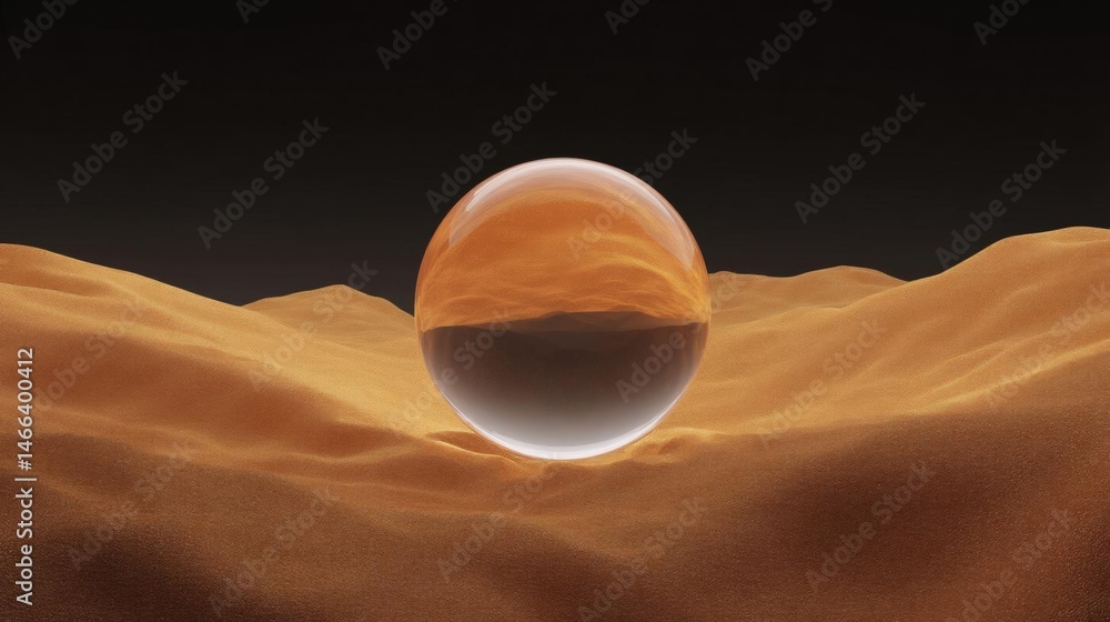 Poster digital illustration of a sphere in the middle of a desert landscape. the sphere is spherical and ap