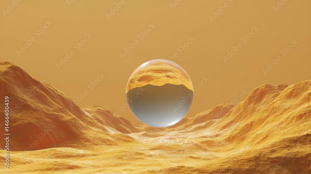 Poster digital illustration of a planet with a spherical object in the center. the planet appears to be flo