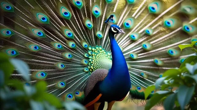 Peacock proudly showing open tail feathers in colorful symmetrical display in soft forest light, seamless looping time-lapse 4k video background. Animal nature concept