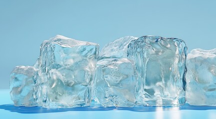 Fototapeta premium Clear ice cubes on a light blue surface