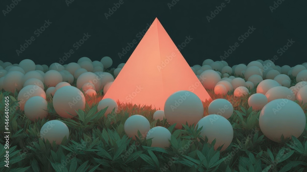 Poster pyramid-shaped structure in the middle of a field of green grass. the pyramid is orange in color and
