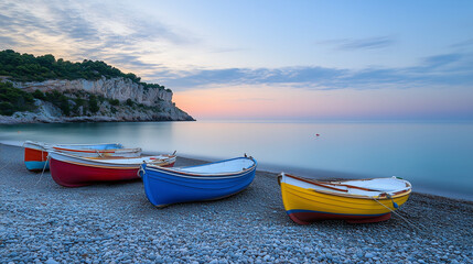 Colorful boats on pebble beach, Mediterranean coast at dawn. Serene coastal harmony in morning light.