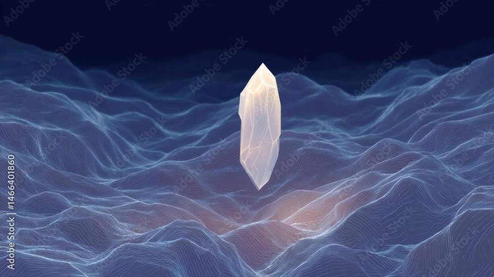 Poster digital illustration of a crystal point in the center of a dark blue background. the crystal point i