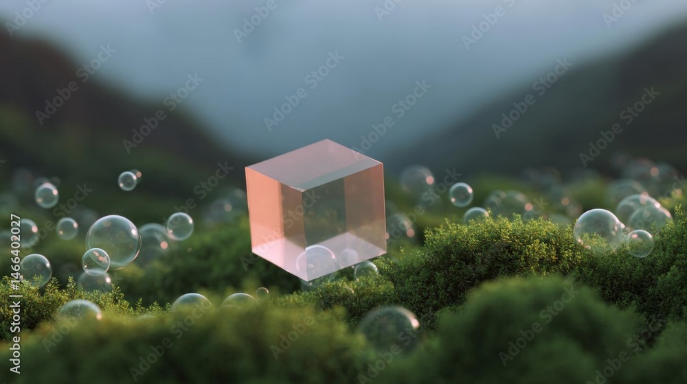 Aufkleber 3d rendering of a cube floating on top of a bed of green moss. the cube is a light pink color and ap