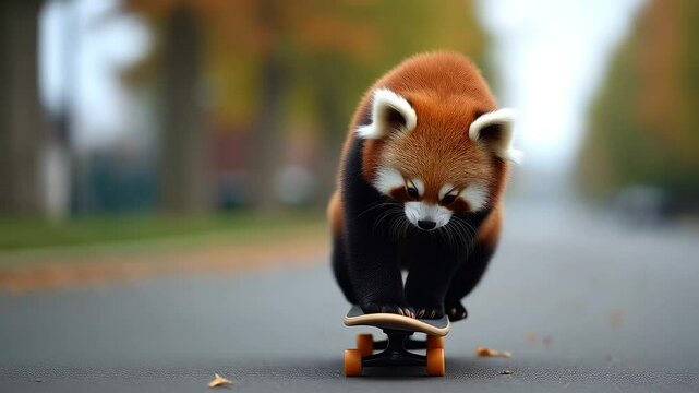 Cute red panda riding small skateboard down city road surrounded by blurry trees in motion, seamless looping time-lapse 4k video background. Animal lifestyle concept