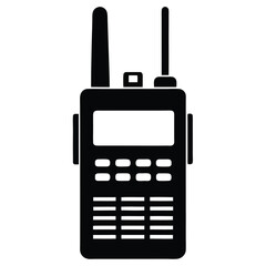 A black colored walkie talkie is pictured with buttons and antenna on top