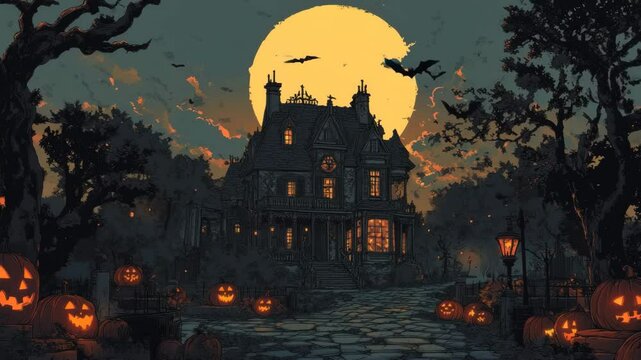 Moonlit bat flickers Jackolanterns, trees, building cast spooky Halloween night on eerie scene