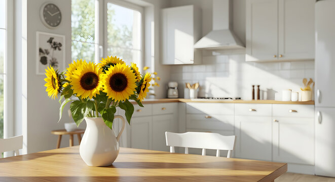 Sunflowers in a bright kitchen morning sunlight home decor vase flowers interior design farmhouse style