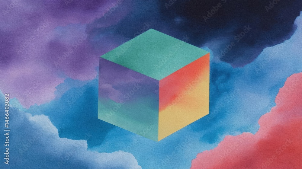 Poster abstract digital art piece that appears to be a 3d cube. the cube is in the center of the image and 