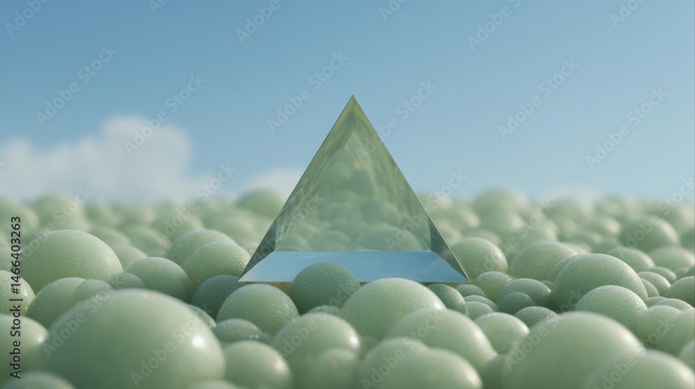Poster pyramid-shaped object in the middle of a vast field of green spheres. the pyramid is made of transpa