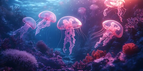 Ethereal Jellyfish Gliding Through Vibrant Underwater Landscape