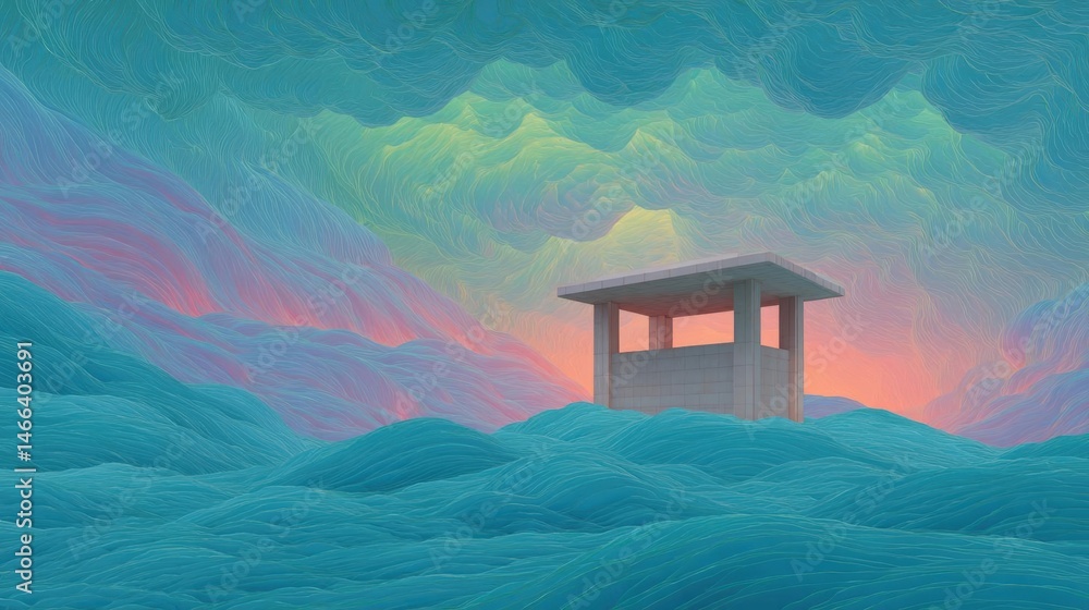 Poster abstract digital illustration of a small building on top of a mountain. the building appears to be a