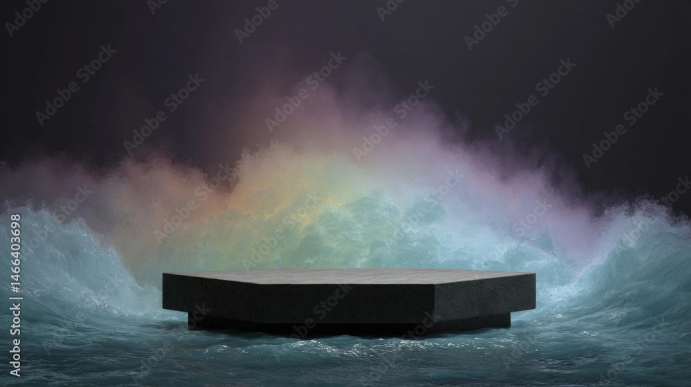 Poster black rectangular platform in the middle of a body of water. the platform appears to be floating on 