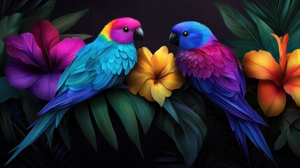 Obraz premium two colorful parrots sitting on a branch with tropical flowers