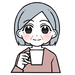 コップを持つ微笑む老人女性のイラスト