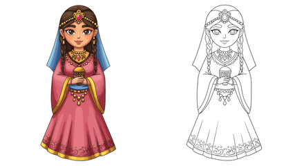 Enchanting Princess Holding a Jewel: An Illustration of a princess, resplendent in regal attire, clutches a jewel, her gaze hinting at untold stories and an aura of sophistication.  