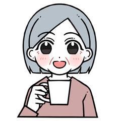 コップを持つ笑う老人女性のイラスト