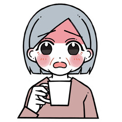 Obraz premium コップを持つ顔の赤い困り顔の老人女性のイラスト