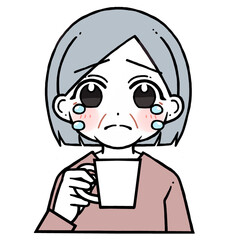 コップを持つ涙を流して泣く老人女性のイラスト