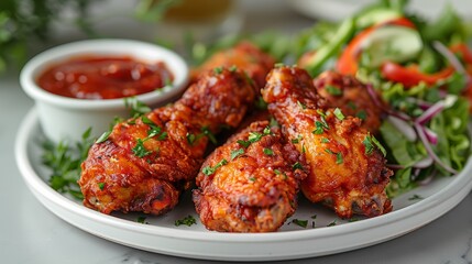 Crispy fried chicken pieces arranged on a pristine white plate with clean white backdrop for restaurant menu or food advertising photography